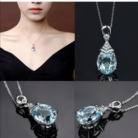 Jewelry - Silver Blue Topaz Diamond Water Drop Necklace